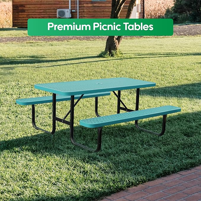 4FT Metal Picnic Tables for Outdoors, Commercial Rectangular Picnic Table and Bench Set for Outside, Patio, Garden, Backyard, Porch, Surface Mount, Green