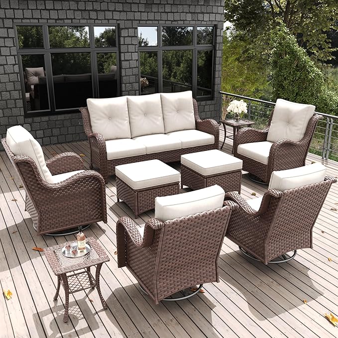 LayinSun 9 Pieces Outdoor Patio Furniture Set, Rattan Wicker Sectional Swivel Rocker Chairs Sets with Ottomans, Swivel Glider Chairs and Coffee Table