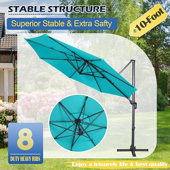 Sunnyglade 10Ft Cantilever Patio Umbrella, 360° Rotation & Integrated Tilting System Offset Umbrella with 8 Sturdy Ribs, Fade-resistant & Waterproof for Garden Backyard Poolside Deck