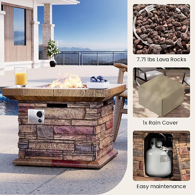 SUNBURY Outdoor Propane Fire Pit, Square Stonecrest Gas Firepit for Outside Patio, Concrete Propane Fire Table 50,000 BTU Gas Fire Pits w Lava Rocks, Waterproof Cover, CSA Certified
