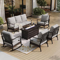 SUNSHINE VALLEY 6 Piece Black Metal Outdoor Patio Furniture Set with Firepit Table, Patio Conversation Sets 1 3-Seater Couch, 2 Sofa, 2 Rocking Sofa with 5.75" Cushion for Backyard Deck, Light Gray