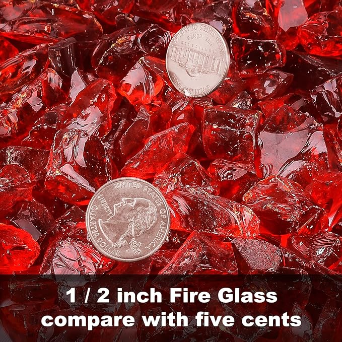 GRISUN Red Fire Glass for Fire Pit, 1/2 Inch 10 Pounds High Luster Reflective Tempered Glass Rocks for Natural or Propane Fireplace, Safe for Outdoors and Indoors Firepit Glass