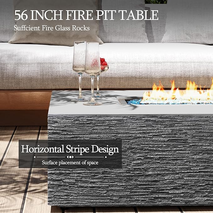 UPHA 56-inch Outdoor Propane Gas Fire Pit Table 50000 BTU Concrete Rectangle FirePit for Outside Patio with Wind Guad, Blue Glass Rocks, Rain Cover, Grey Horizontal Stripe