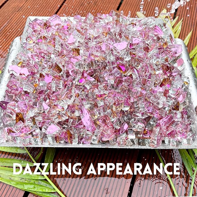 GasSaf 1/2 Inch Fire Glass Reflective Tempered Fireglass Cut Crushed FireGlass for Fire Pit, Fireplace, Replaces Existing Gas Logs & Lava Rocks (10 Pound)(Rose Gold Reflective)