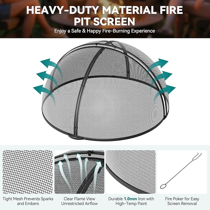 YITAHOME 36" W*19" H Fire Pit Screen with Top Ring & Poker, Iron Mesh Spark Guard with High-Temperature Coating, Portable & Modular for Backyard Fire Pits, Camping, Beach Parties, and Barbecues
