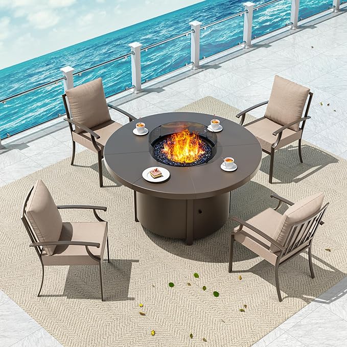 5 Pieces Patio Furniture Set with Round Fire Pit Table, Outdoor Conversation Sets 4 Chairs with Upgrade Cushions for Patio, Backyard Brown