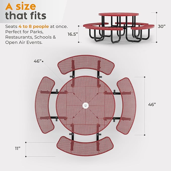 Metal Picnic Tables for Outdoors with Umbrella Hole - Coated Steel Heavy Duty Commercial Grade Furniture Set with Adjustable Seats (Red, 46 in, Round, Punched Steel)