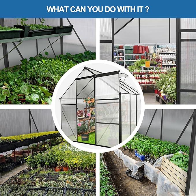 6×8 FT Black Polycarbonate Walk-in Greenhouse for Outdoor Backyard, Heavy-Duty Aluminum Frame with Sliding Door, Gutter System & Adjustable Roof Vent, Green House for Winter Gardening