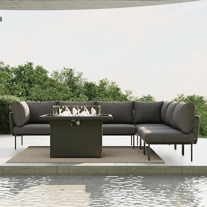 7 Piece Modern Outdoor Rope Wicker Sectional Patio L-Shaped Conversation Sofa Set Deep Seating with Fire Pit Table