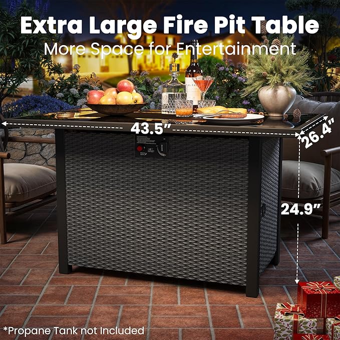 Propane Fire Pit Table, Outdoor Fire Pit Table, 43" Rattan Rectangle Outdoor Gas FirePit with Glass Wind Guard, Tempered Glass Tabletop, Lid, CSA Listed, 60,000 BTU, Outside Patio Deck & Garden, Black