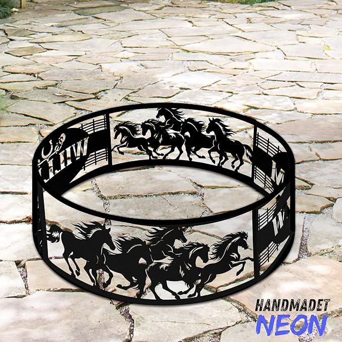 Horses Personalized Fire Pit Ring Racing Horse Custom Name Metal Campfire Ring 360 Degree Firepit Outdoor BBQs Backyard Camping Garden Western Decor Gifts for Father Dads Cowboy