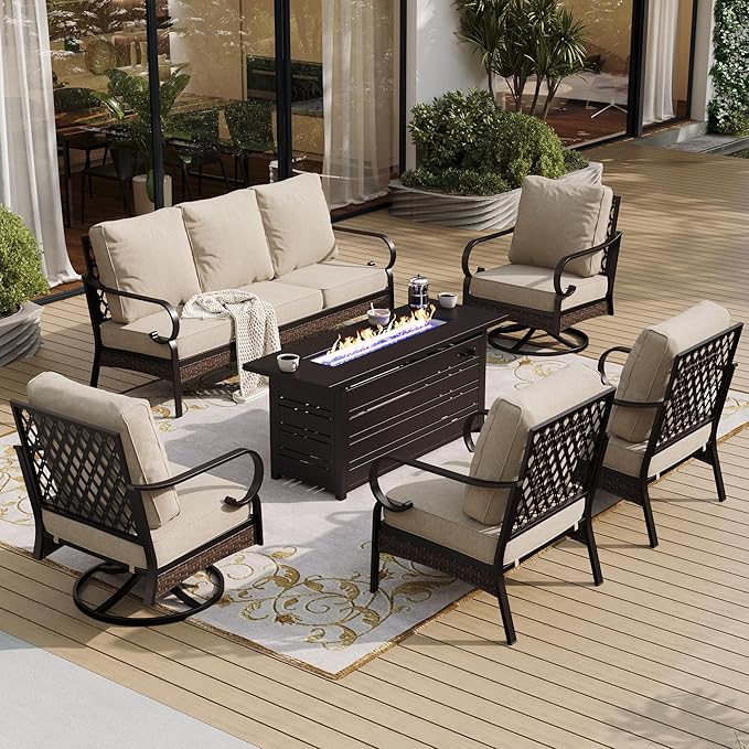 SUNSHINE VALLEY 6 Piece Metal Outdoor Patio Furniture Sets with Firepit Table, Patio Conversation Sets 1 3-Seater Sofa, 2 Leg Chair and 2 Swivel Chair with 5.75" Cushion for Backyard Deck, Beige