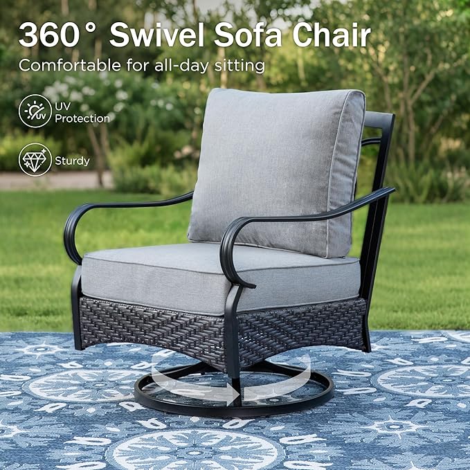 PHI VILLA Patio Furniture Set with 56" Fire Pit Table, Premium Outdoor Wicker Metal Frame Furniture with Upgraded Waterproof Thick Cushions for Porch, Poolside, Deck, and Yard （4 Pieces, Grey