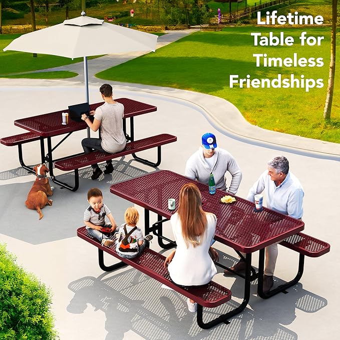 Commercial Heavy-Duty Metal Picnic Table - ADA Compliant, Adjustable Seats, Umbrella Hole, Expanded Metal (Red, 6' Rectangular)