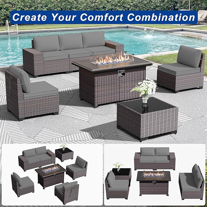 Outdoor Patio Furniture Set with Gas Fire Pit Table, 7 Pieces Patio Furniture Set Outdoor Sectional Sofa w/43in Propane Fire Pit, PE Wicker Rattan Patio Conversation Sets -Grey
