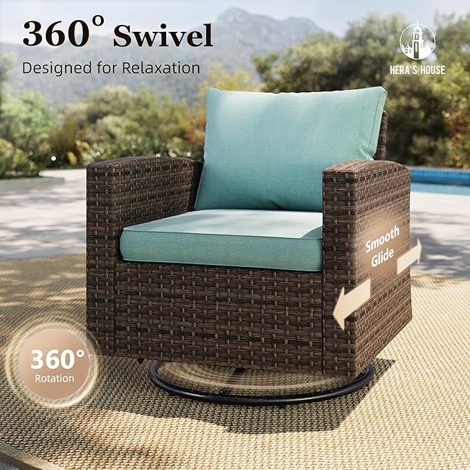 HERA'S HOUSE Swivel Glider Patio Furniture Set, Outdoor Sectional Conversation Sets with 56" Fire Pit Table, 8 Pieces 9 Seats Outside Sofa for Lawn Deck Backyard, Blue
