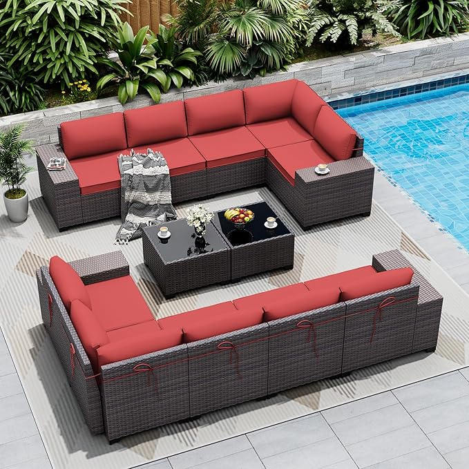Outdoor Patio Furniture Set, 12 Pieces Outdoor Sectional Furniture High Backrest Patio Sofa, All-Weather PE Rattan Patio Conversation Set with Coffee Table & Cushions(Red).