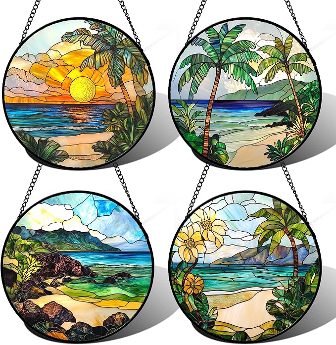 DASTOLL Stained Glass Window Hanging 4 Pcs Set Blue Ocean Coconut Tree Scenery 6.3" - Suncatcher Door Garden Sun Catcher Decor Birthday Christmas for Mom Woman Nana Men