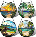 DASTOLL Stained Glass Window Hanging 4 Pcs Set Blue Ocean Coconut Tree Scenery 9.8" - Suncatcher Door Garden Sun Catcher Decor Birthday Christmas for Mom Woman Nana Men