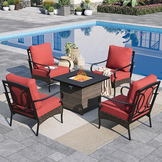 Sophia & William Patio Furniture Set with Fire Pit Table, 5 PCS Metal Outdoor Conversation Set Sofa Couch with Fire Pit Table, 4 Sofa Chairs for Outdoor Seating,Backyard,Porch(Red)