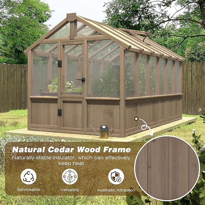 Mupater 6 x 12 FT Wooden Polycarbonate Greenhouse, Outdoor Green House Kit with Ventilated Window and Lockable Door, Walk-in Greenhouse for Backyard, Patio