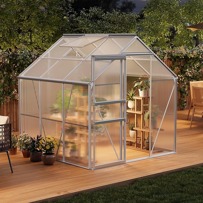 Garvee 6 x 6 FT Outdoor Greenhouse, Polycarbonate Greenhouses with Aluminum Frame, Sliding Door, Adjustable Roof Vent for Backyard, Green Houses for Outside Garden Backyard, Patio, Silver