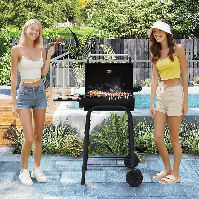 Giantex Portable Charcoal Grill with Foldable Side Table, Outdoor BBQ Smoker Grill with Wheels, Thermometer, Adjustable Air Vent, Bottom Shelf, Barrel Barbecue Grills for Patio, Camping & Tailgate