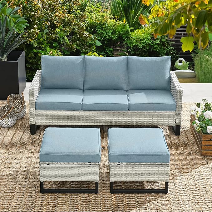 HUMMUH 5 Piece Patio Furniture All Weather Wicker Outdoor Sectional Sofa,High Back Patio Chairs,Coffee Table and Ottomans Set for Porch,Garden,Backyard