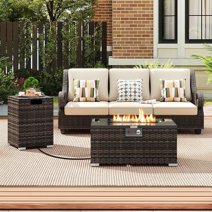 Tangkula 2 Piece Propane Fire Pit Table Set with Tank Cover, Outdoor Rattan Gas Firepit with Lid, Tempered Glass Tabletop, Protective Cover, 40,000 BTU Rectangle Fire Table Set for Outside (Mix Brown)