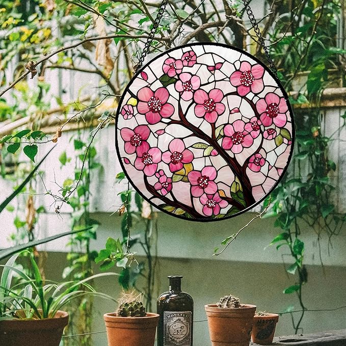 CRISGIF Stained Glass Window Hanging - Cherry Blossoms Birth Flower Suncatcher for Door Garden Patio Sun Catchers Decor Christmas Mother's Day Birthday Gifts for Women Mom Nana Friend Wife 11.8 in