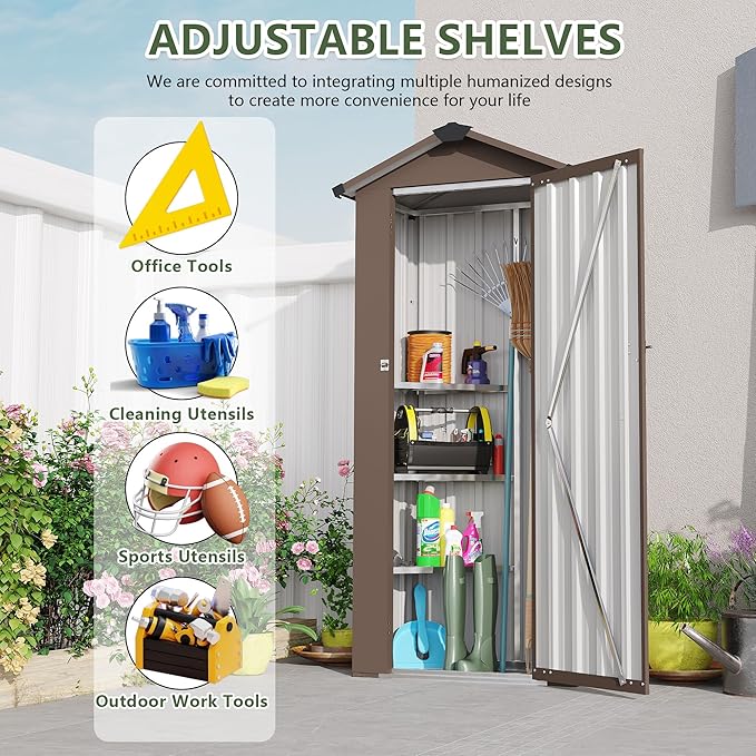 2.5x1.4 FT Outdoor Storage Shed, Tool Shed with Waterproof Roof and Lockable Door,Metal Shed with Adjustable Open Shelves for Backyard Garden Patio Lawn,Brown