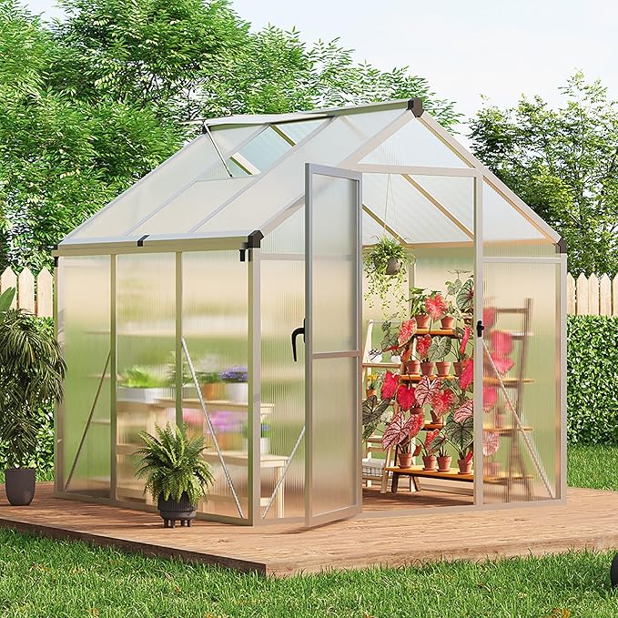 6×6 FT Greenhouse, Large Walk in Greenhouses for Outdoors and Garden Planting, Polycarbonate Greenhouse with Enhanced Aluminum Frame, Green Houses with Quick Setup Structure and Roof Vent, Silver