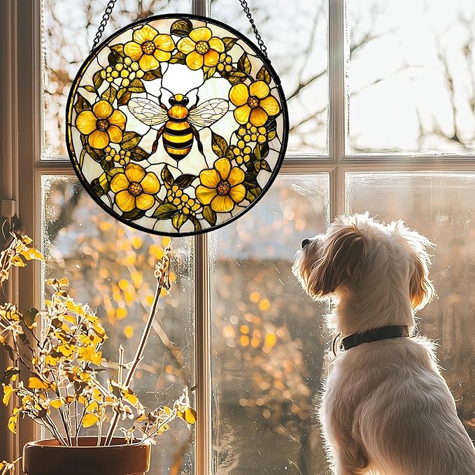 AMDERVEN Stained Glass Window Hanging - Yellow Flowers Surrounded by Bees Sun Catcher for Door Garden Home Decor Cute Suncatcher Christmas Mother's Day Birthday Gifts for Women Men Mom Nana 7.8 in