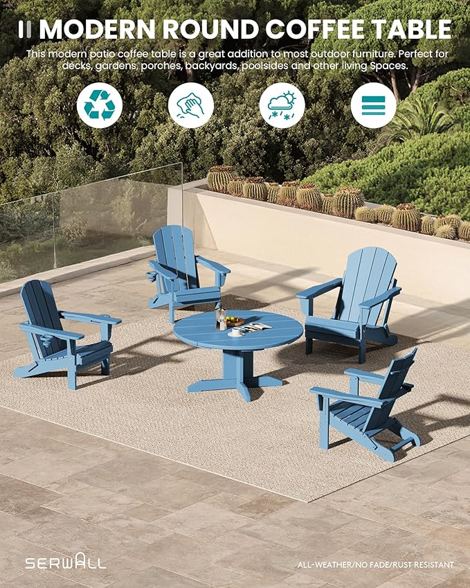 SERWALL Round Outdoor Coffee Table Set,Outdoor Round Coffee Table and Adirondack Chairs with Cup Holders Patio Furniture,Blue