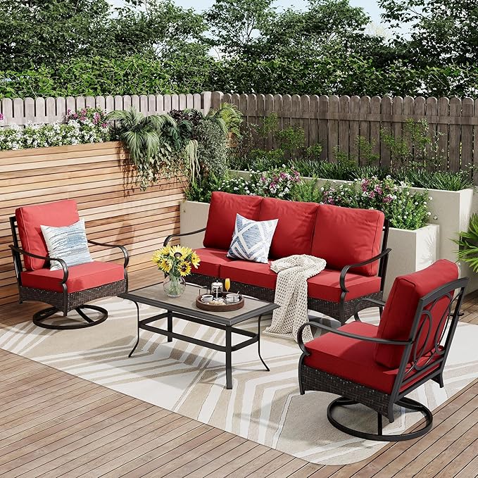 PHI VILLA Outdoor Modern Patio Furniture Set, Upgraded Wicker&Metal Patio Furniture Conversation Set with Waterproof Thick Cushions for Porch, Poolside, Deck, and Yard (4 Pieces,Red)
