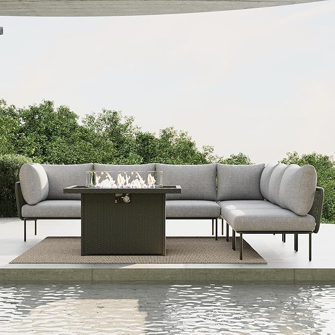 7 Piece Modern Outdoor Rope Wicker Sectional Patio L-Shaped Conversation Sofa Set Deep Seating with Fire Pit Table