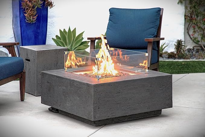 AMS Creations | Albany Square Propane Gas Outdoor Fire Pit Table | Concrete GFRC Fire Pit Table | with SS Lid, Canvas Cover, Lava Rock and Wind Guard Included (Fuel Type: Liquid Propane)