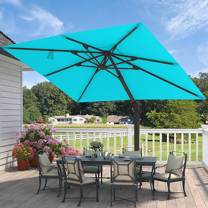 9' X 12' Cantilever Patio Umbrella Rectangular Outdoor Large Offset Umbrellas with 7 Tilts Adjustable 360°Rotation for Deck Pool Garden Backyard, Turquoise