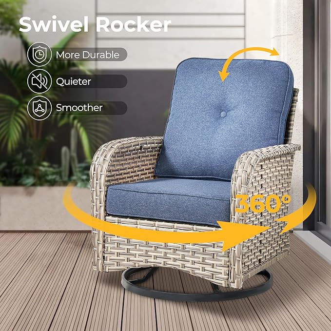 HOOOWOOO Outdoor Sectional Patio Furniture Set with Fire Pit Table,13 Pieces Wicker Conversation Sets L Shaped Couch,Extra Deep Out Door Sofa Outside Furniture with Swivel Chairs,Denim Blue