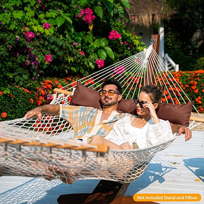 Lazy Daze Hammocks 12FT Double Rope Hammocks, 2 Person Hand Woven Cotton Hammock with Pillow and Spreader Bar for Outside, Patio, Poolside, FIT 13-15 Foot Stand, Max 450 Lbs, Natural, 141 x 57 inches