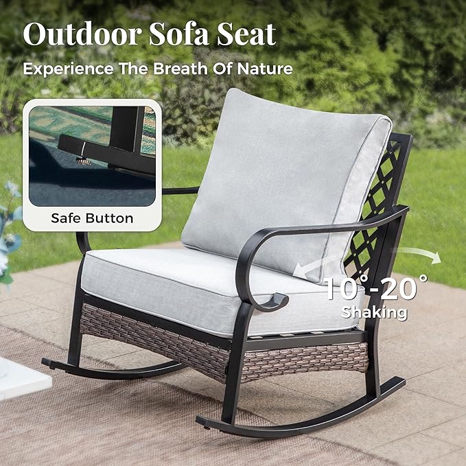 Patio Furniture Set with Coffee Table, Outdoor Conversation Set with 2 x Rocking Chairs, 1 x 3-Seat Sofa for Lawn Garden Backyard, Light Grey