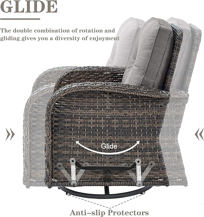 Patio Furniture Swivel Glider PE Wicker Chairs, Outdoor Swivel Rocker Seating with Cushions for Porch Deck Balcony, Brown/Gray