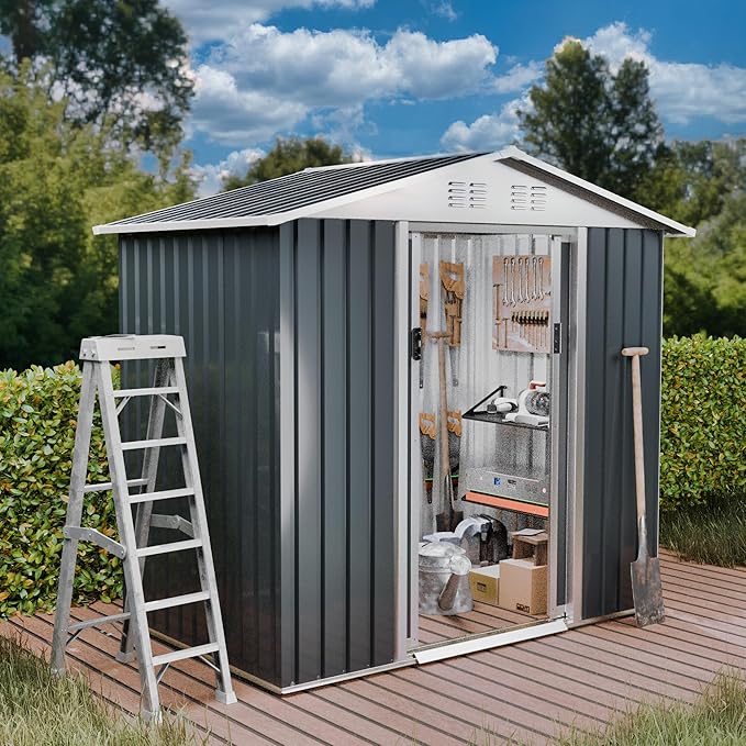 Outdoor Sheds 6FT x 4FT Outdoor Storage, Metal Anti-Corrosion Utility Tool House with Lockable Door & Shutter Vents，Outdoor Waterproof Garden Tool Metal Storage Sheds（Grey）