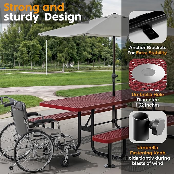 Metal Picnic Furniture for Outdoors with Umbrella Hole - Coated Steel Heavy Duty Commercial Grade Table with Adjustable Seats, Patio Set for a Lifetime (Red, 8' Rectangular)