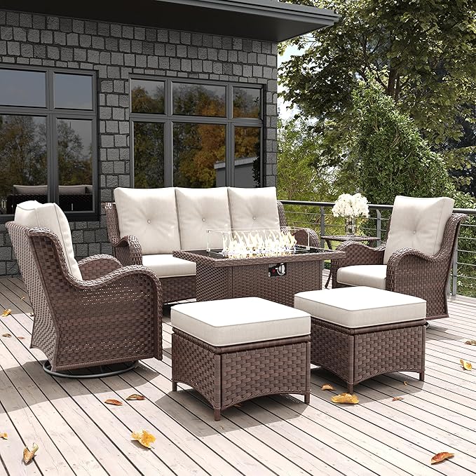 LayinSun 7 Pieces Outdoor Patio Furniture Set with Fire Pit Table, Rattan Wicker Sectional Swivel Rocker Chairs Sets with Ottomans, Swivel Glider Chairs and Coffee Table