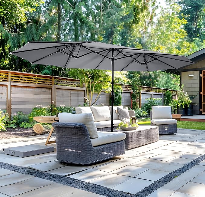 Bigroof 15ft x 9ft Patio Double-Sided Umbrella with Base & Crank, Extra Large Rectangular Outdoor Umbrella for Patio, Lawn & Garden, Beige