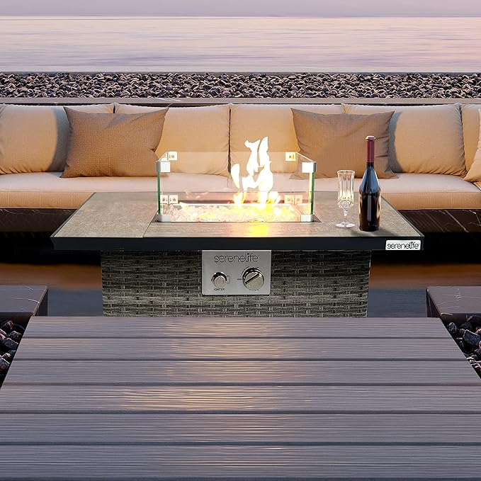 SereneLife Propane Fire Pit Table, 50000 BTU CSA/ETL Certified Safe Gas Table with Sturdy Wicker Base, Stainless Steel Burner, Glass Wind Guard & Cover, Outdoor Fireplaces for Parties