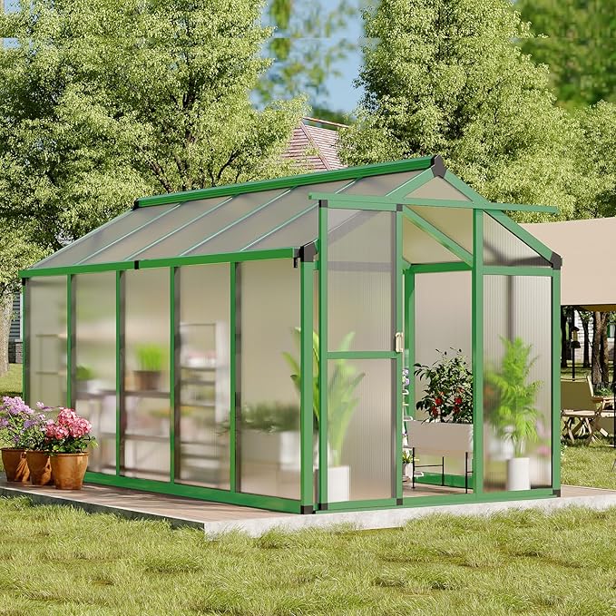 8 X 12 Ft Greenhouse, Greenhouses for Outside, Polycarbonate Greenhouse with Aluminum Frame, Lockable Door and Ajustable Roof Vent for Backyard, Green Houses for Outside Garden Backyard, Patio