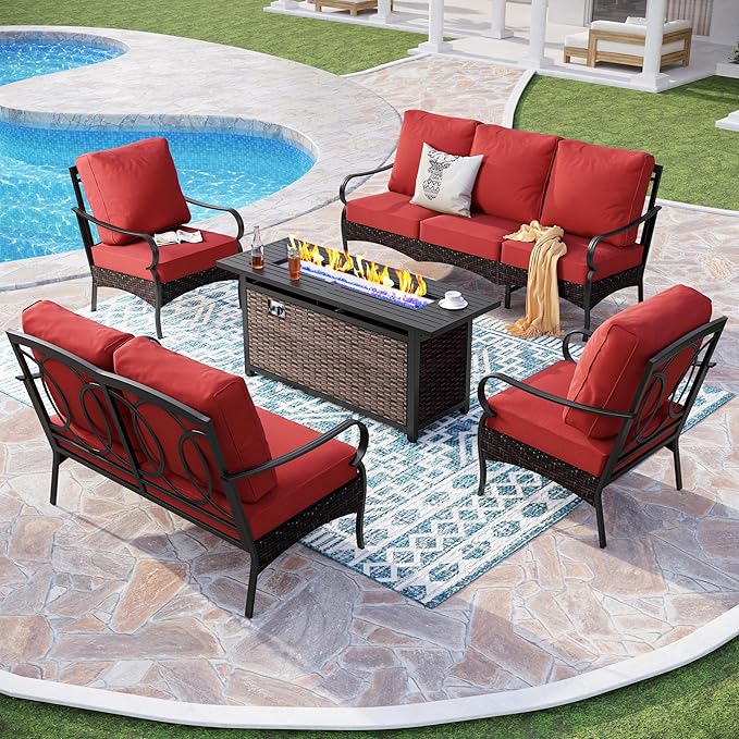 Patio Furniture Set with 56" Fire Pit Table, Premium Outdoor Wicker Metal Frame Furniture with Upgraded Waterproof Thick Cushions for Porch, Poolside, Deck, and Yard