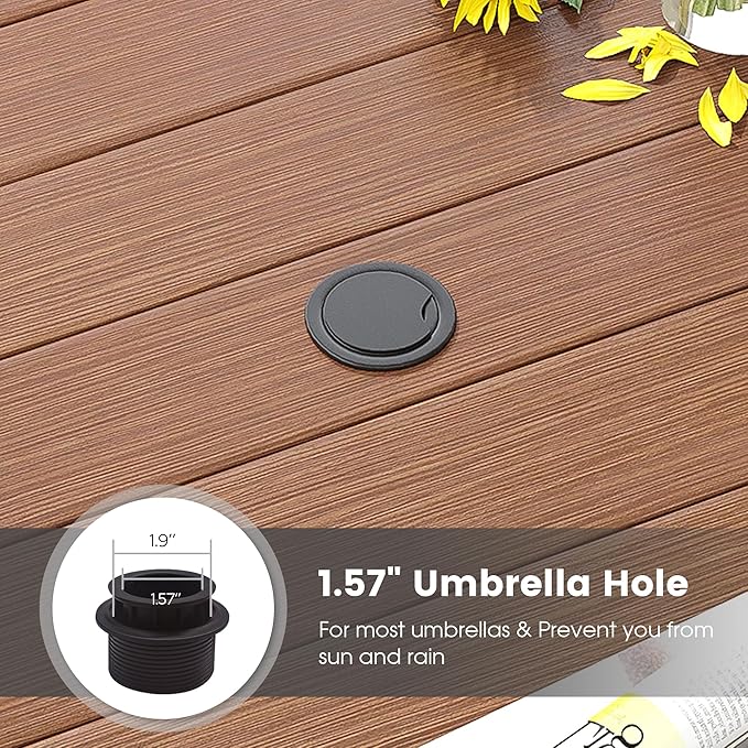 DIFY 60" Round Outdoor Patio Dining Table for 8-10, Metal Patio Table with 1.57" Adjustable Umbrella Hole, All-Weather Dining Furniture Table for Backyard Lawn Garden, Walnut